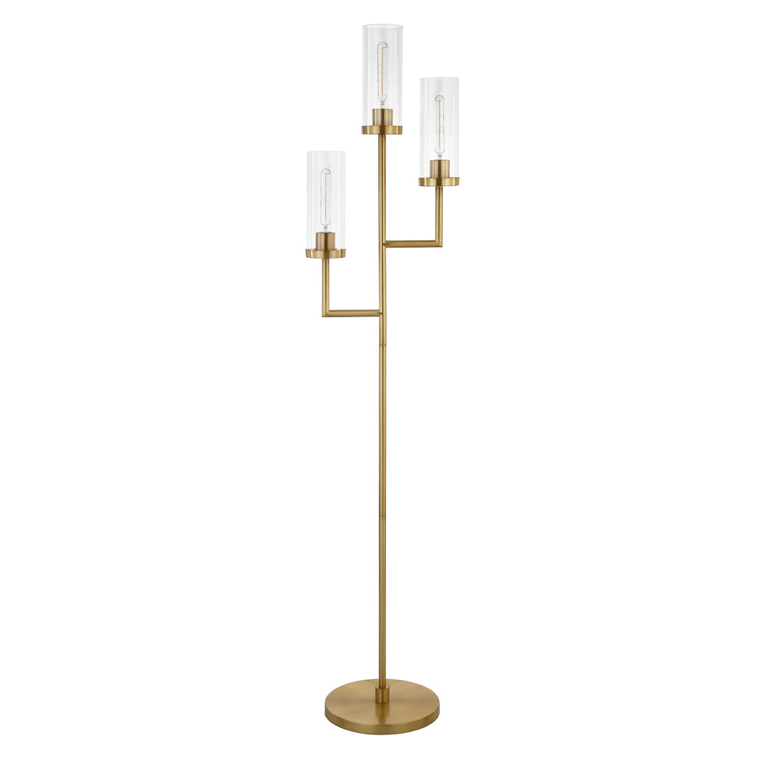 69" Brass Three Light Torchiere Floor Lamp With Clear Transparent Glass Drum Shade