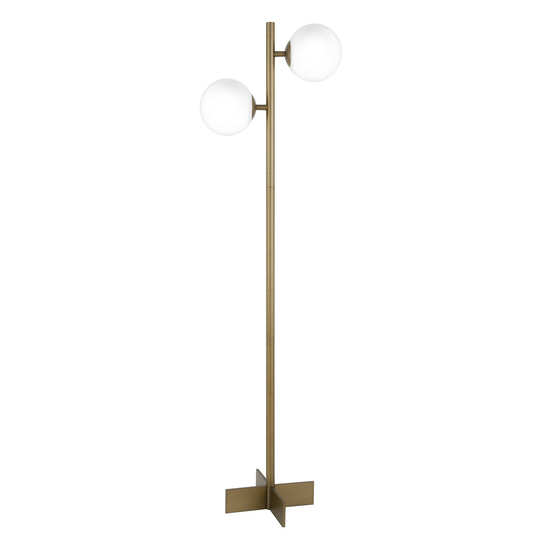 70" Brass Two Light Tree Floor Lamp With White Frosted Glass Globe Shade