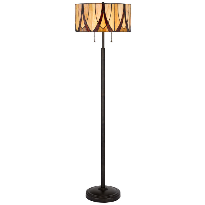 60" Bronze Two Light Traditional Shaped Floor Lamp With Red And Ivory Abstract Tiffany Glass Drum Shade