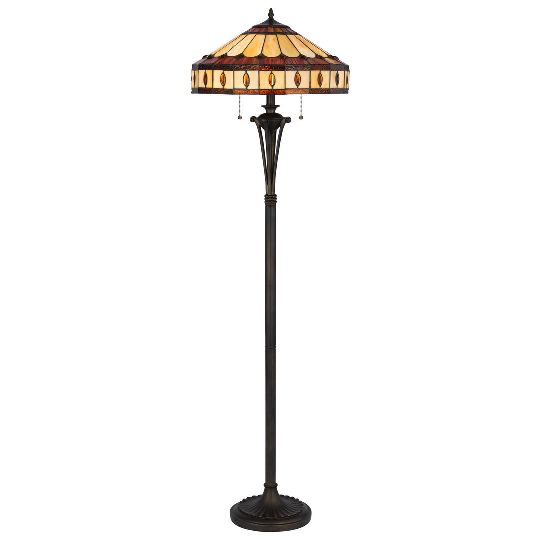 61" Bronze Two Light Traditional Shaped Floor Lamp With Purple And Ivory Abstract Tiffany Glass Empire Shade