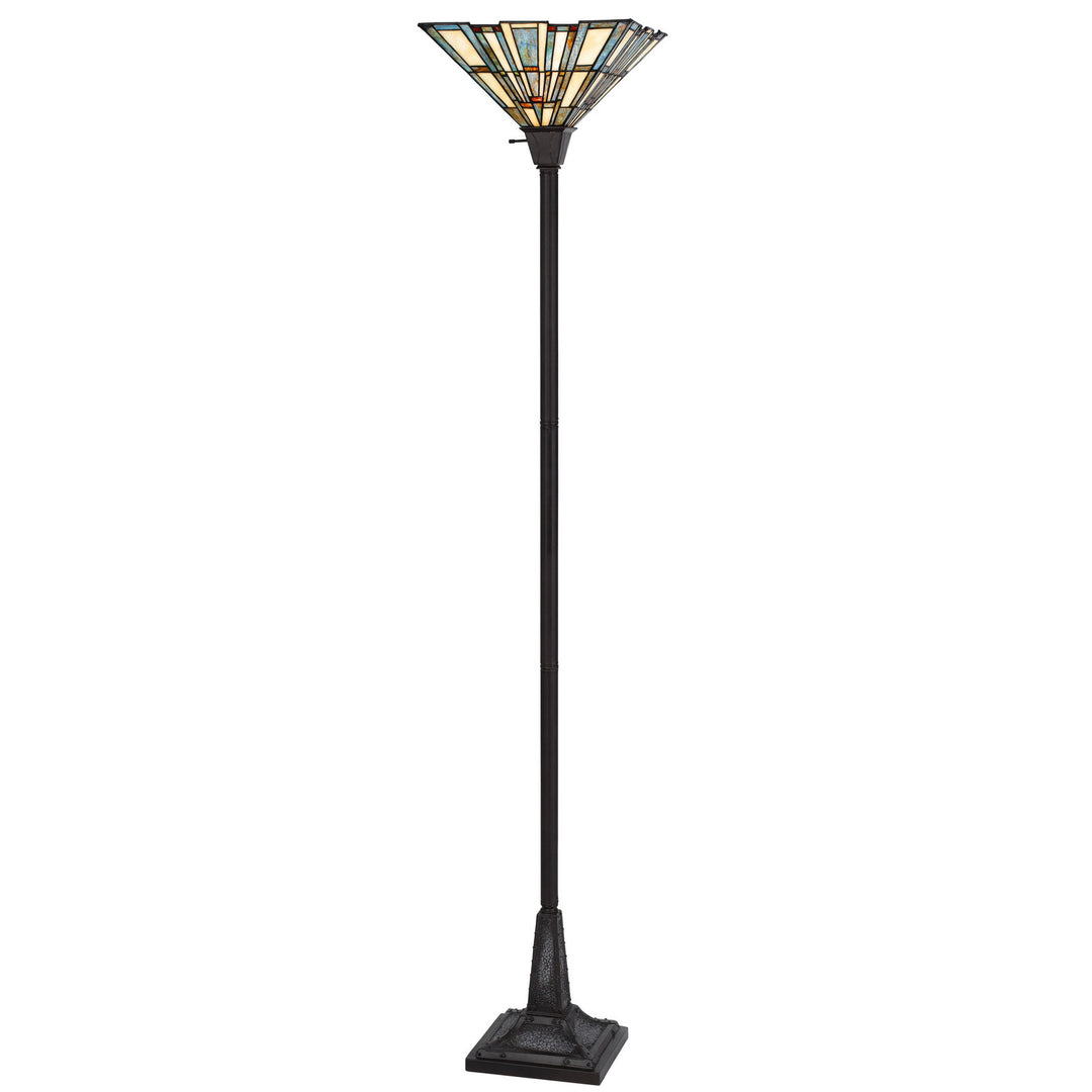 72" Bronze Torchiere Floor Lamp With Gray And Ivory Abstract Tiffany Glass Novelty Shade