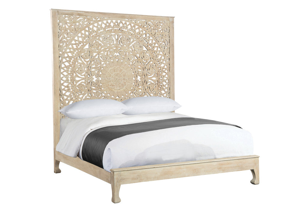 Solid Wood King White Carved Medallion Bed