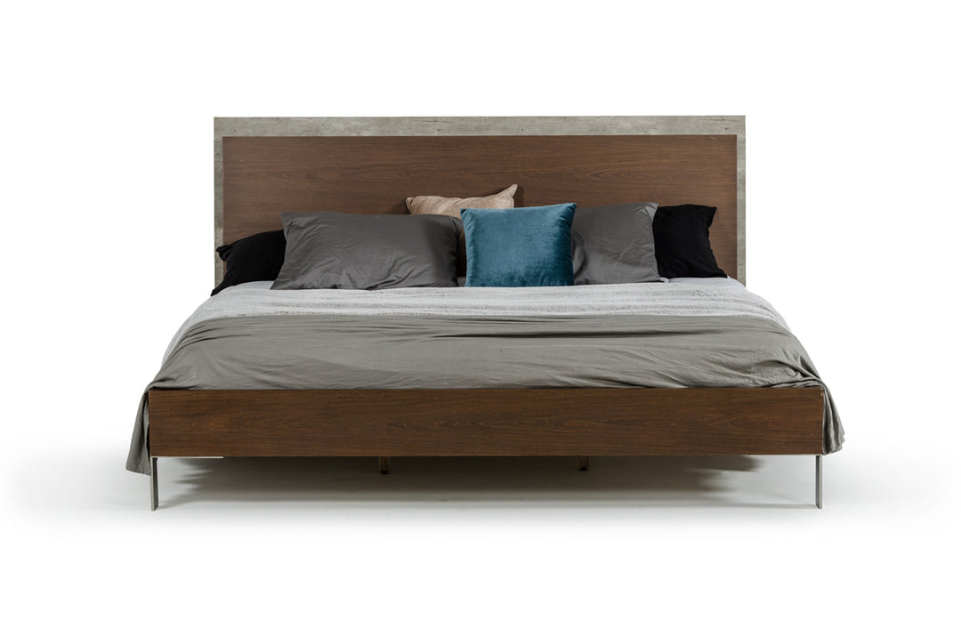 Modern Dark Walnut &amp; Concrete Queen Bed