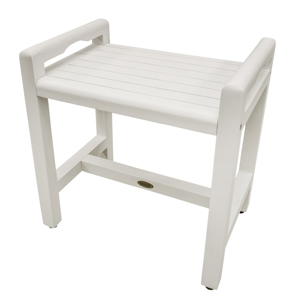 Compact Teak Corner Shower Stool With Shelf In Whitewash Finish