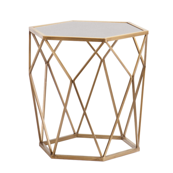 19" Gold And Reflective Glass Hexagon Mirrored End Table