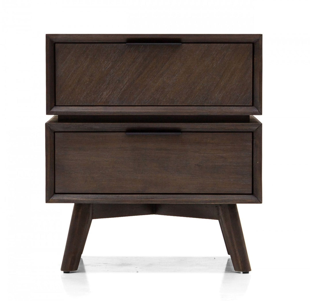 Mid Century Acacia Nightstand with Two Drawers and Black Metal Handles