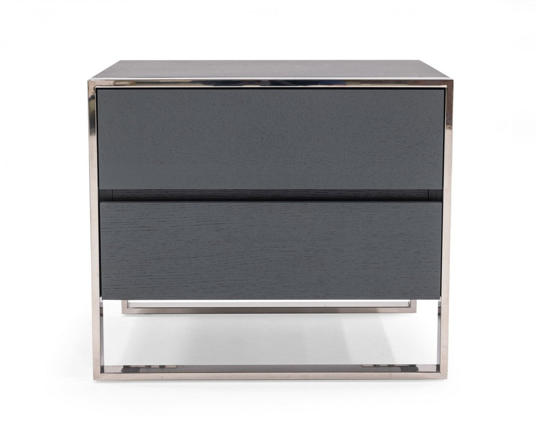 Modern Gray and Stainless Steel Nightstand With Two Drawers