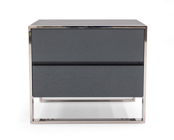 Modern Gray and Stainless Steel Nightstand With Two Drawers