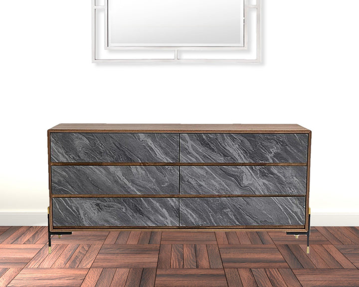 63" Walnut And Grey Faux Marble Wood Six Drawer Double Dresser