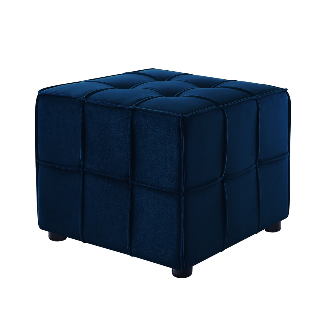 22" Navy Blue Velvet And Black Cube Ottoman