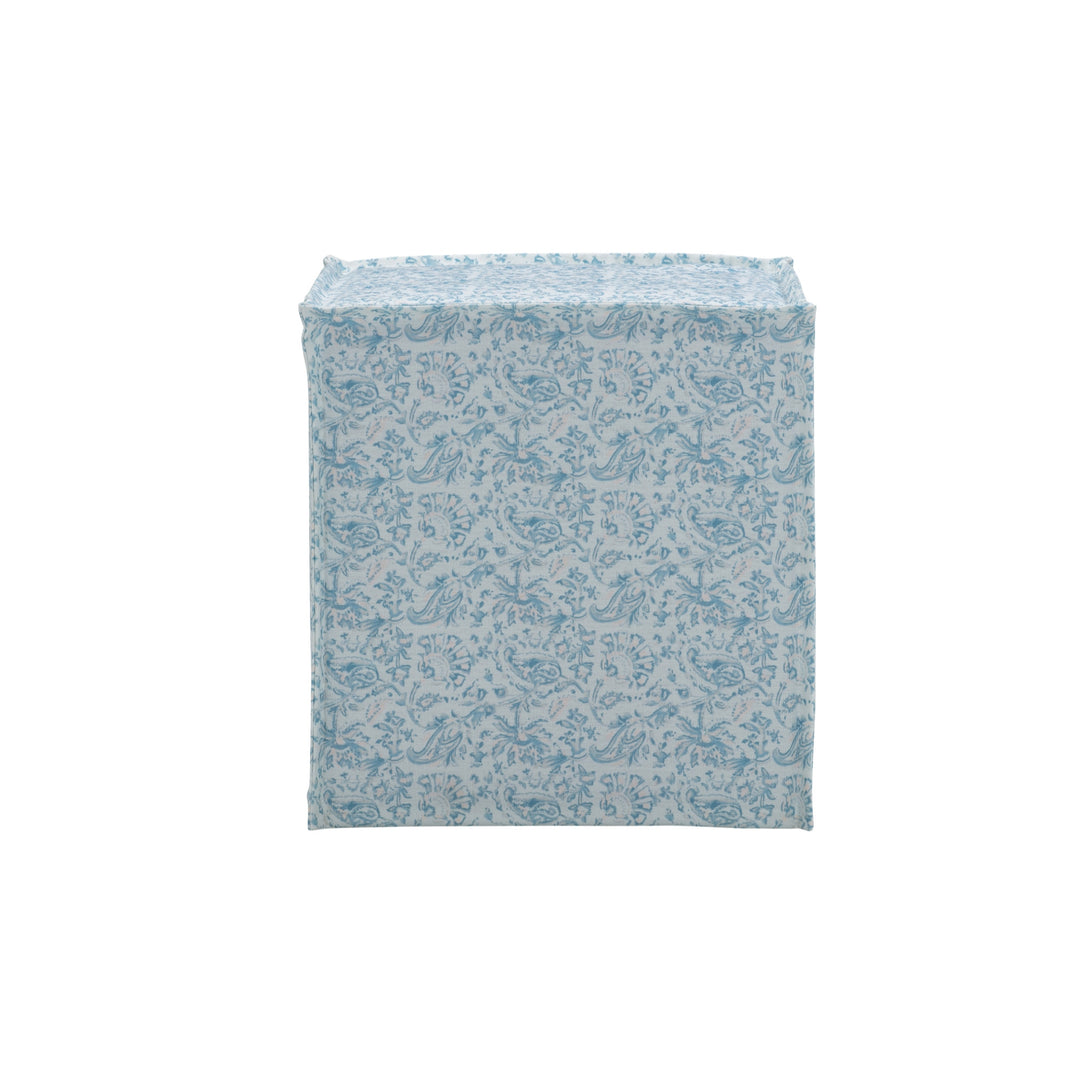 18" Blue Linen Floral Ottoman