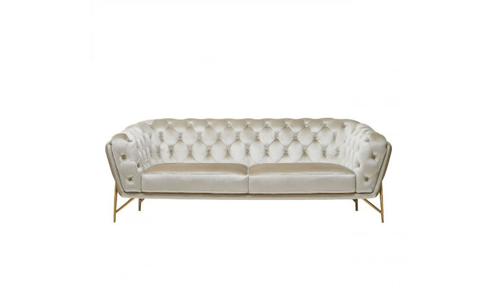 88" Beige Tufted Velvet and Gold Chesterfield Sofa