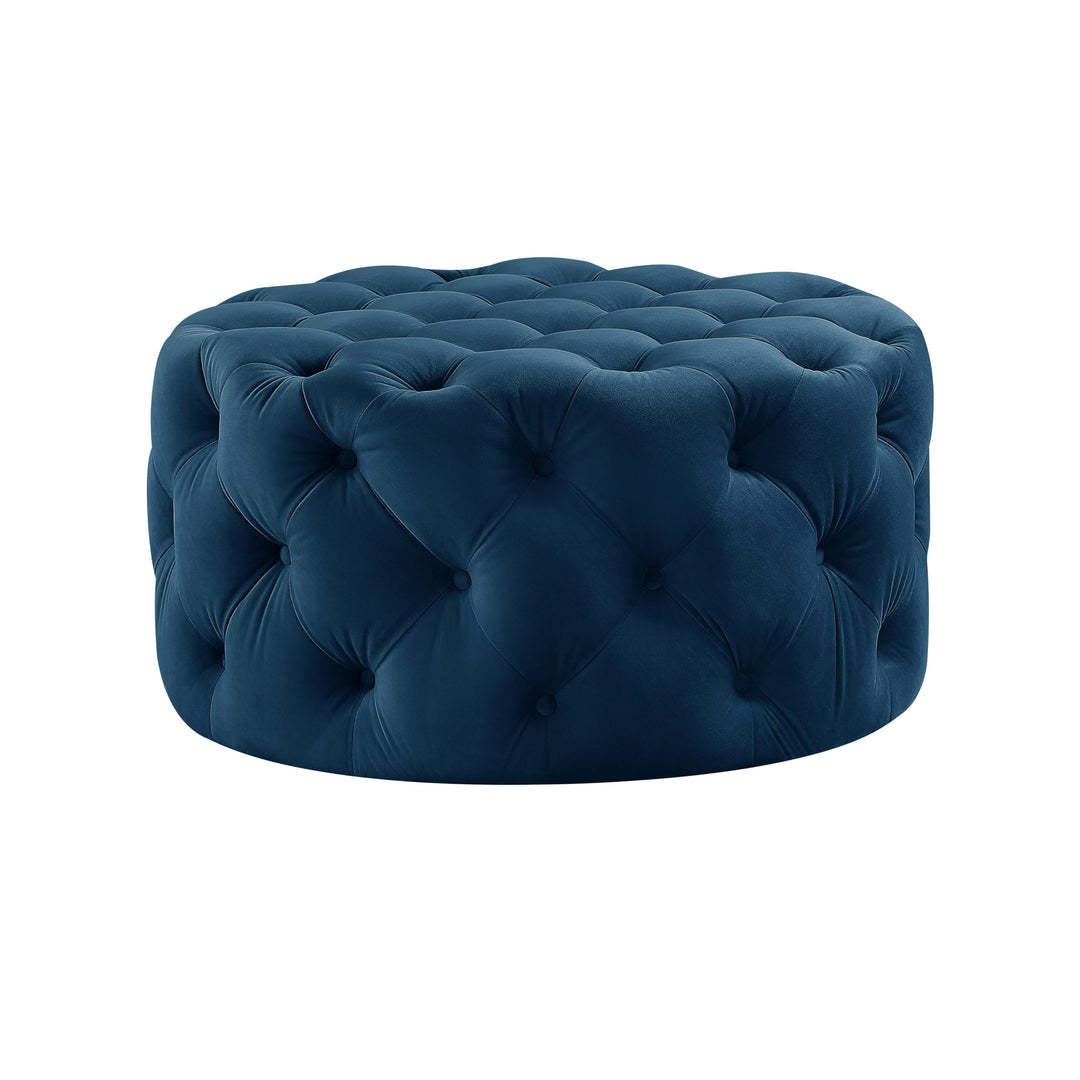 33" Navy Blue Velvet And Black Rolling Tufted Round Cocktail Ottoman